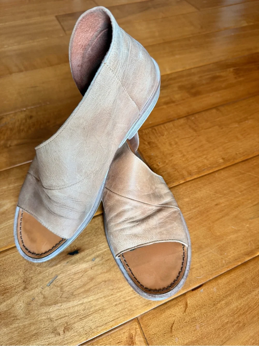 Free People Tan Leather Open-Toe Slide Sandals
